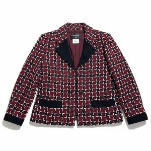 Chanel Burgundy Black Tweed Wool Blazer Size EU 40